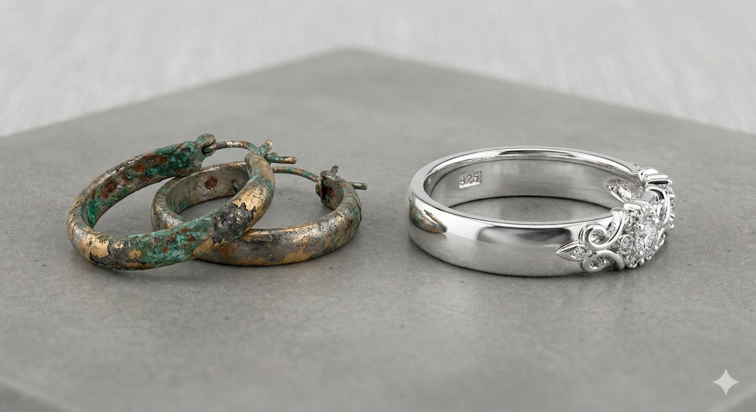 "Confronto tra orecchini in bigiotteria economica ossidati e anello in Argento 925 Angelya Jewels lucido con punzone di autenticità a vista."