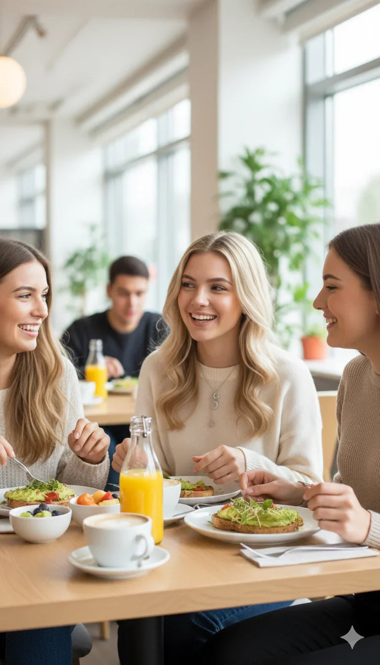Tre giovani donne sorridenti sedute a colazione in un caffè luminoso, con toast, frutta e succhi.