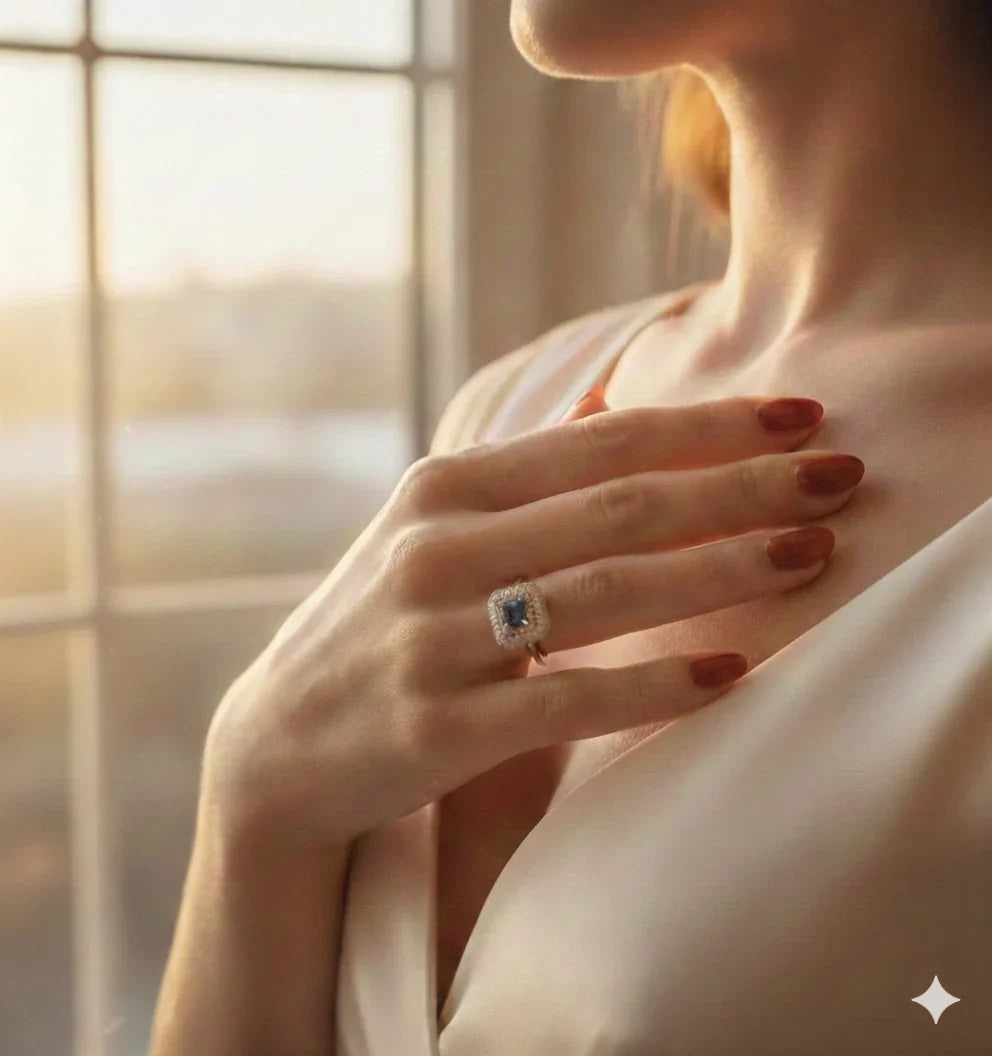 Mano femminile con anello elegante con pietra blu e diamanti, luce soffusa, atmosfera raffinata