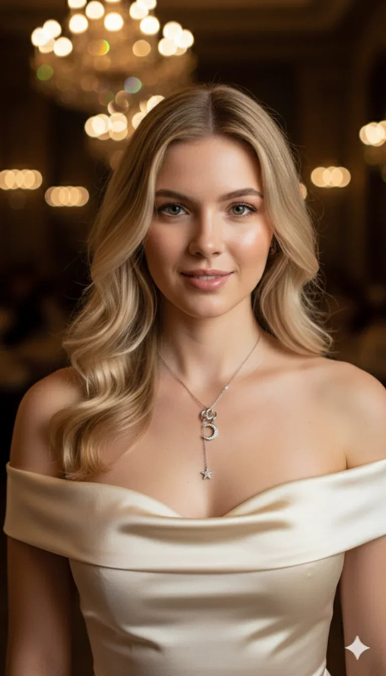 Modella con collana brillante a forma di luna e stella, abito elegante champagne, atmosfera raffinata