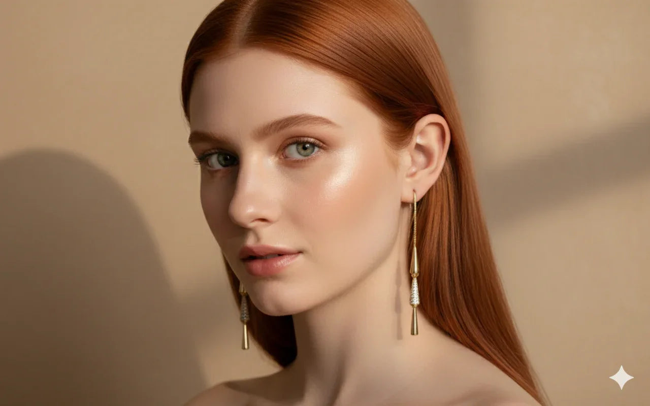 Donna dai capelli rossi indossa orecchini lunghi in oro, elegante sfondo neutro, gioielli raffinati.