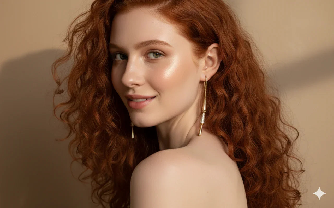 Donna con capelli rossi indossa orecchini lunghi dorati eleganti su sfondo beige