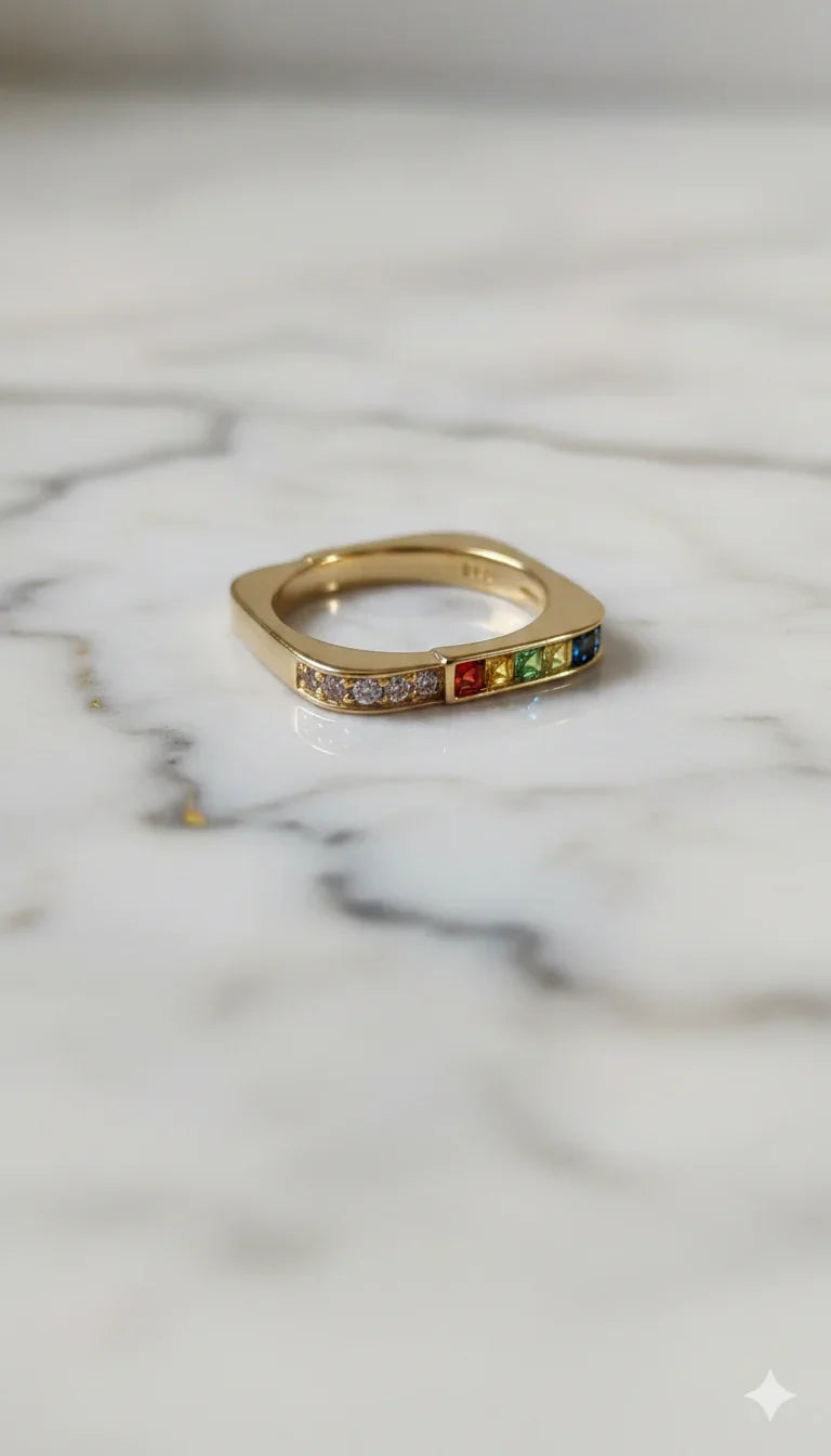 Anello oro rettangolare con diamanti e pietre colorate, stile moderno su sfondo marmo