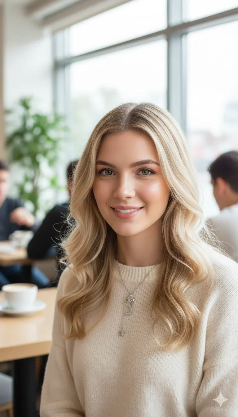 Giovane donna con capelli biondi indossa maglione chiaro e collana elegante, seduta in un bar luminoso.
