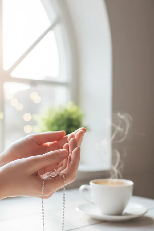 Mani femminili tengono una collana d'argento vicino a una tazza di caffè su sfondo luminoso.