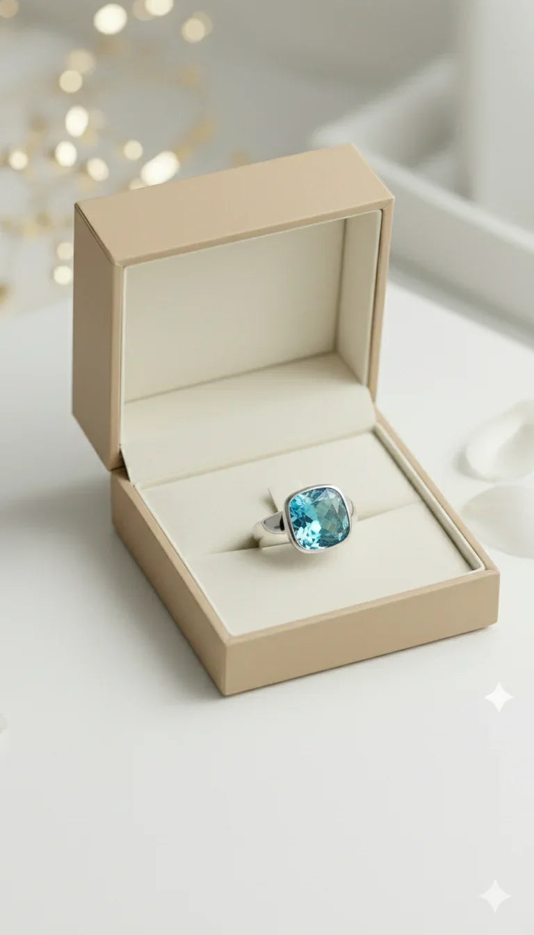 Anello argento con gemma azzurra in scatola elegante, gioiello raffinato per donna
