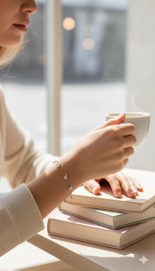 Bracciale elegante in argento con ciondoli cuore su donna mentre beve caffè, libri sul tavolo